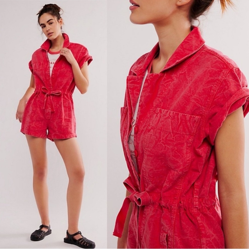 New Free People Rhodes Chino Red Denim Romper